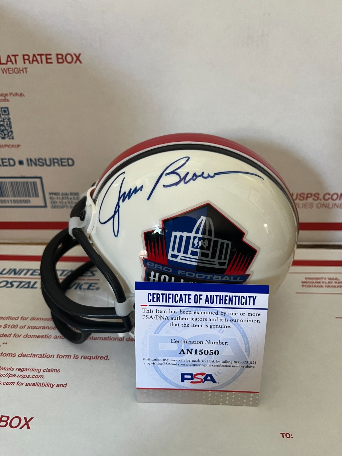 JIM BROWN SIGNED HALL OF FAME MINI HELMET PSA AN15050