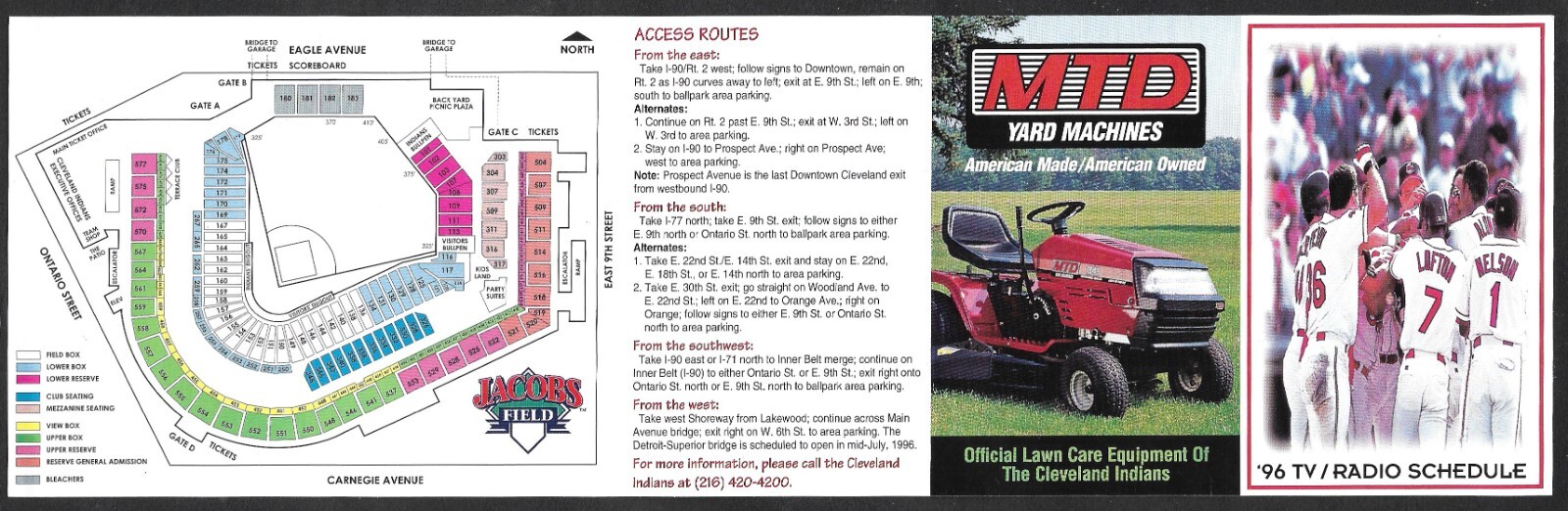 1996 CLEVELAND INDIANS MTD Yard Machines Regular Season POCKET SCHEDULE NM-MT