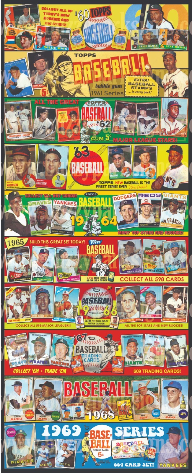 8″x20″ 1960 — 1969 Baseball Card Ad PVC Print Poster Mantle Mays Clemente