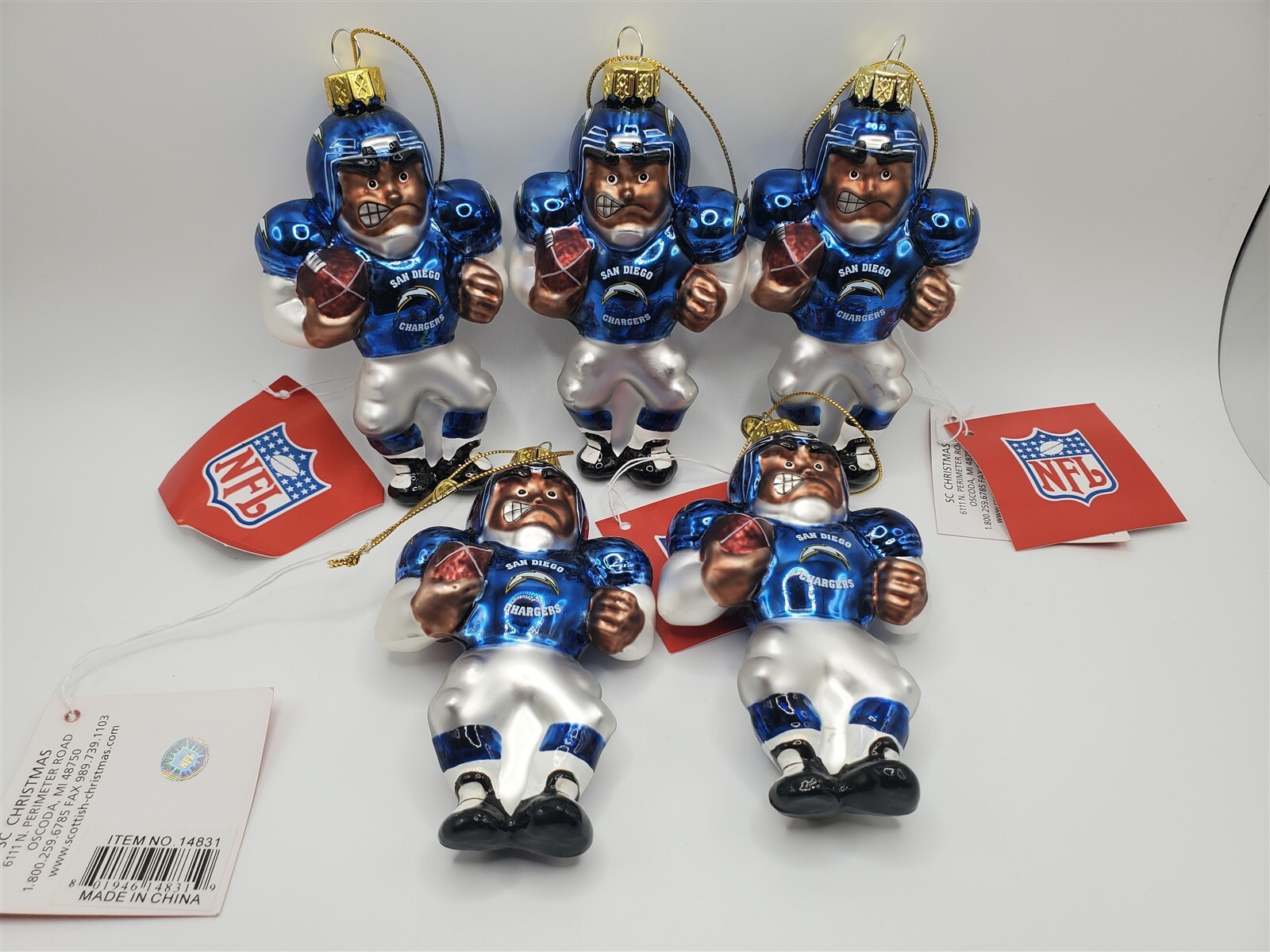SC Sports NFL 5″ Acrylic Glass Football Player Ornament x5 San Diego Chargers
