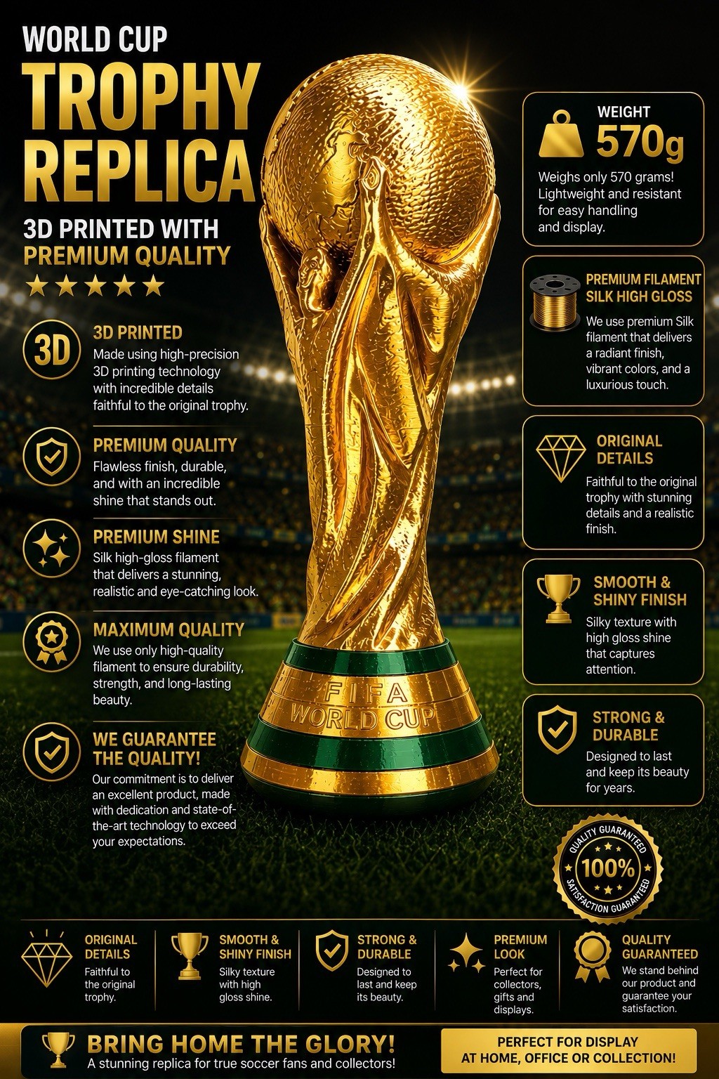 2026 World Cup Trophy Replica 14.5” Soccer Cup 3D Printed Gold TikTok