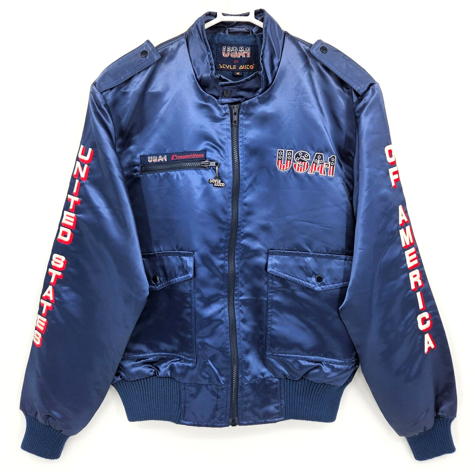 Vtg 1984 Style Auto USA-1 Competition LA Olympics Satin Bomber Racing Jacket M