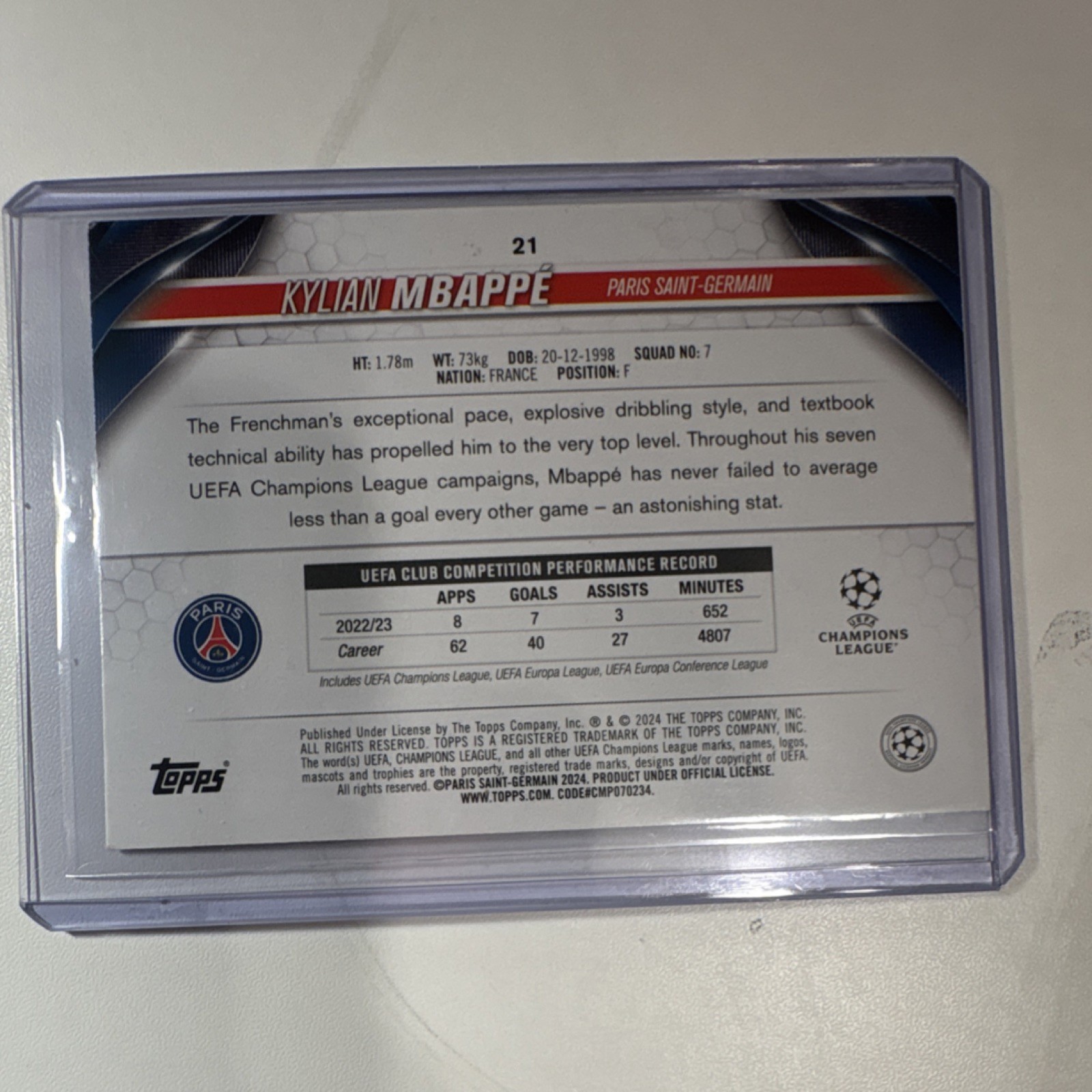 Topps 2023-24 UEFA Club Red Inferno Competitions Kylian Mbappé PSG #21 card