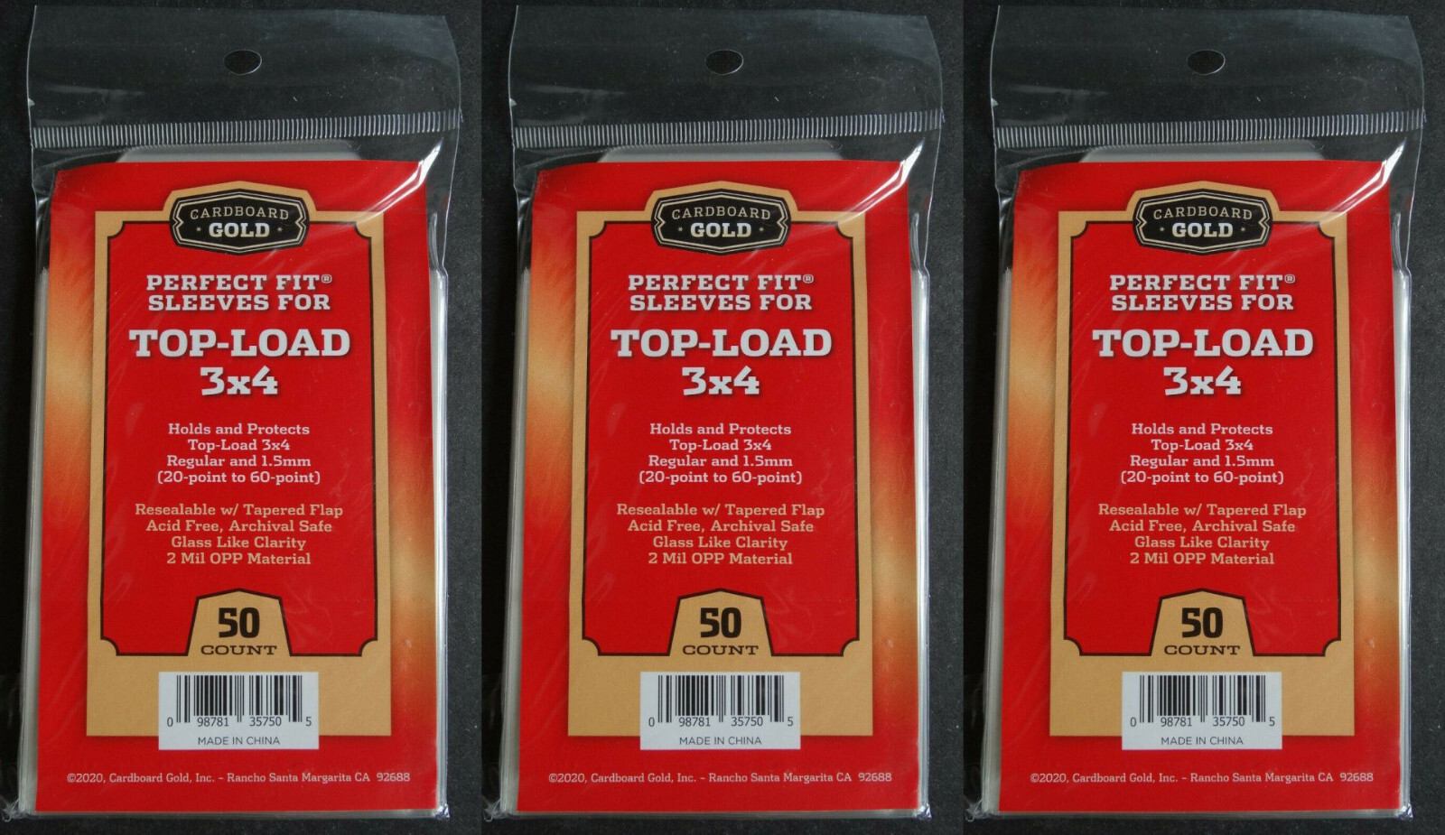 150 Cardboard Gold Perfect Fit Sleeves for Top-Load 3×4 from 20-60 Pt Bag