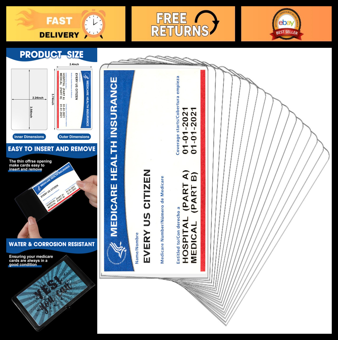 200 Clear PVC Medicare Card Holder Sleeves — 12 Mil Waterproof Vaccine Protector
