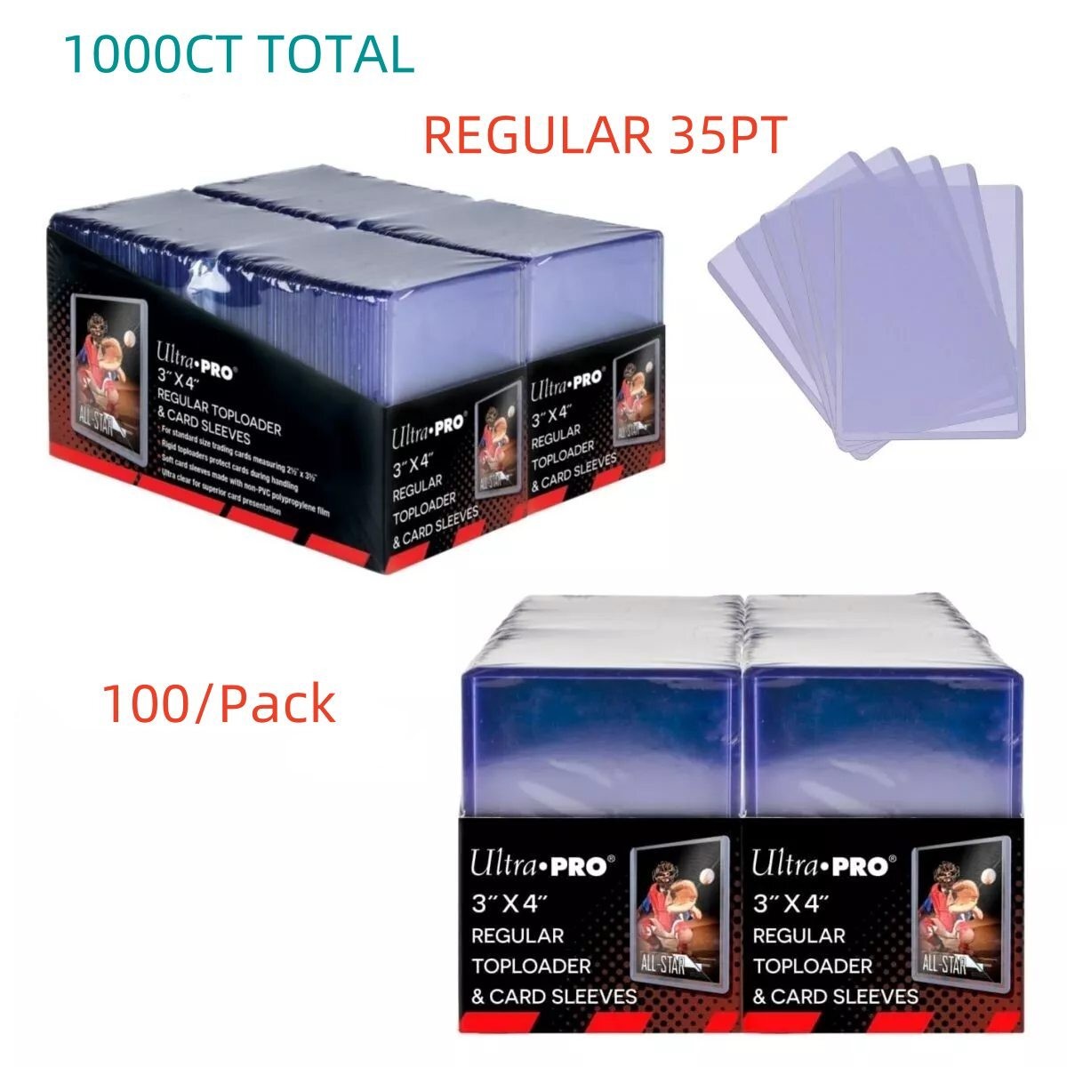 1000ct Ultra PRO 3″ x 4″ Regular 35pt Toploader & Soft Sleeves — 10 * 100 Pack