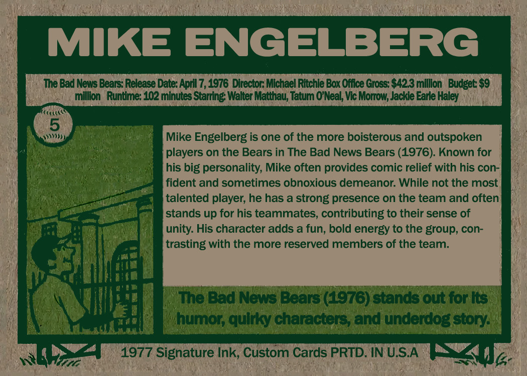 The Bad News Bears 1977 Movie Custom Trading Card Set (9 Cards) – Classic