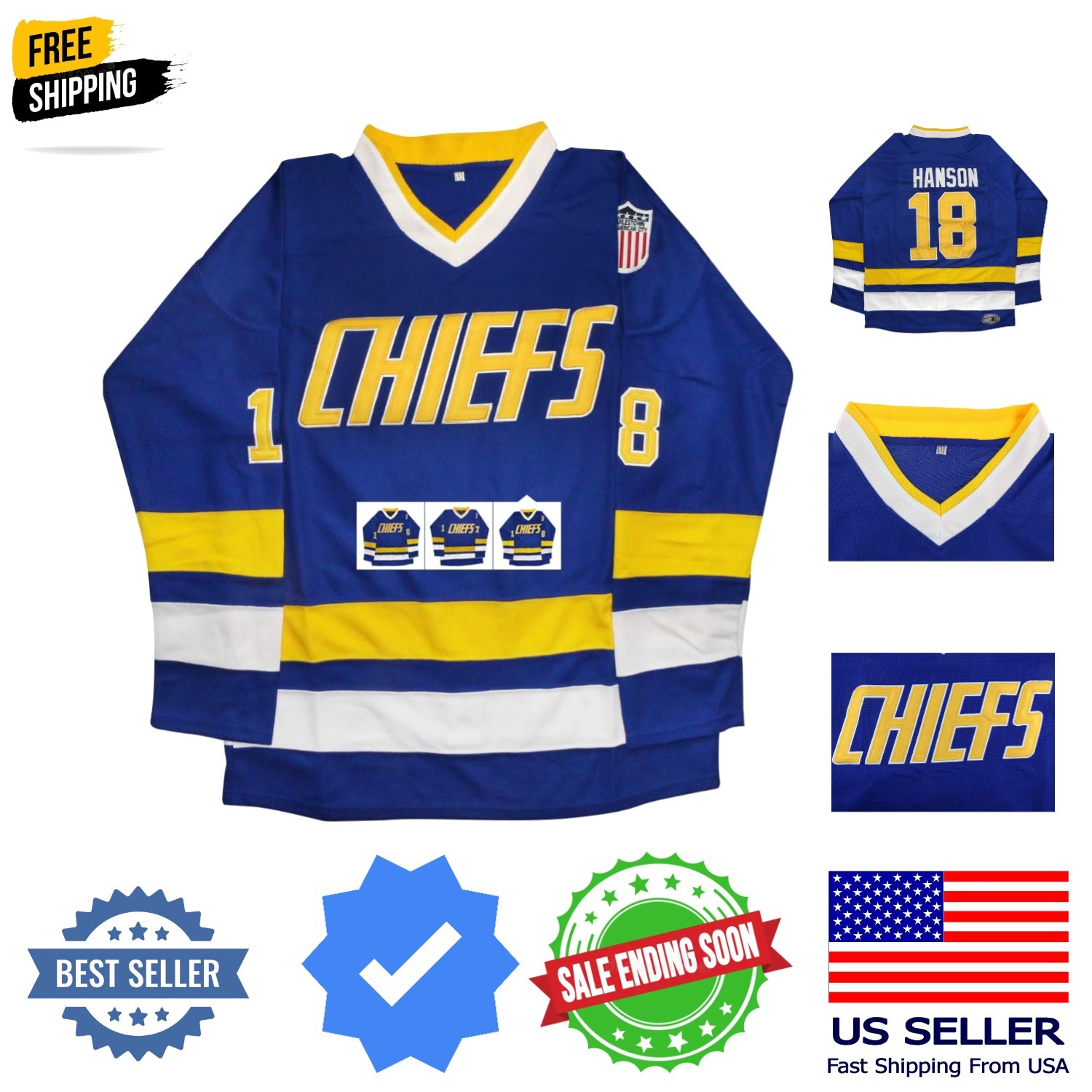 Hanson Brothers Jersey, Charlestown Chiefs 16,17,18 Slap Shot Ice Hockey Movi…