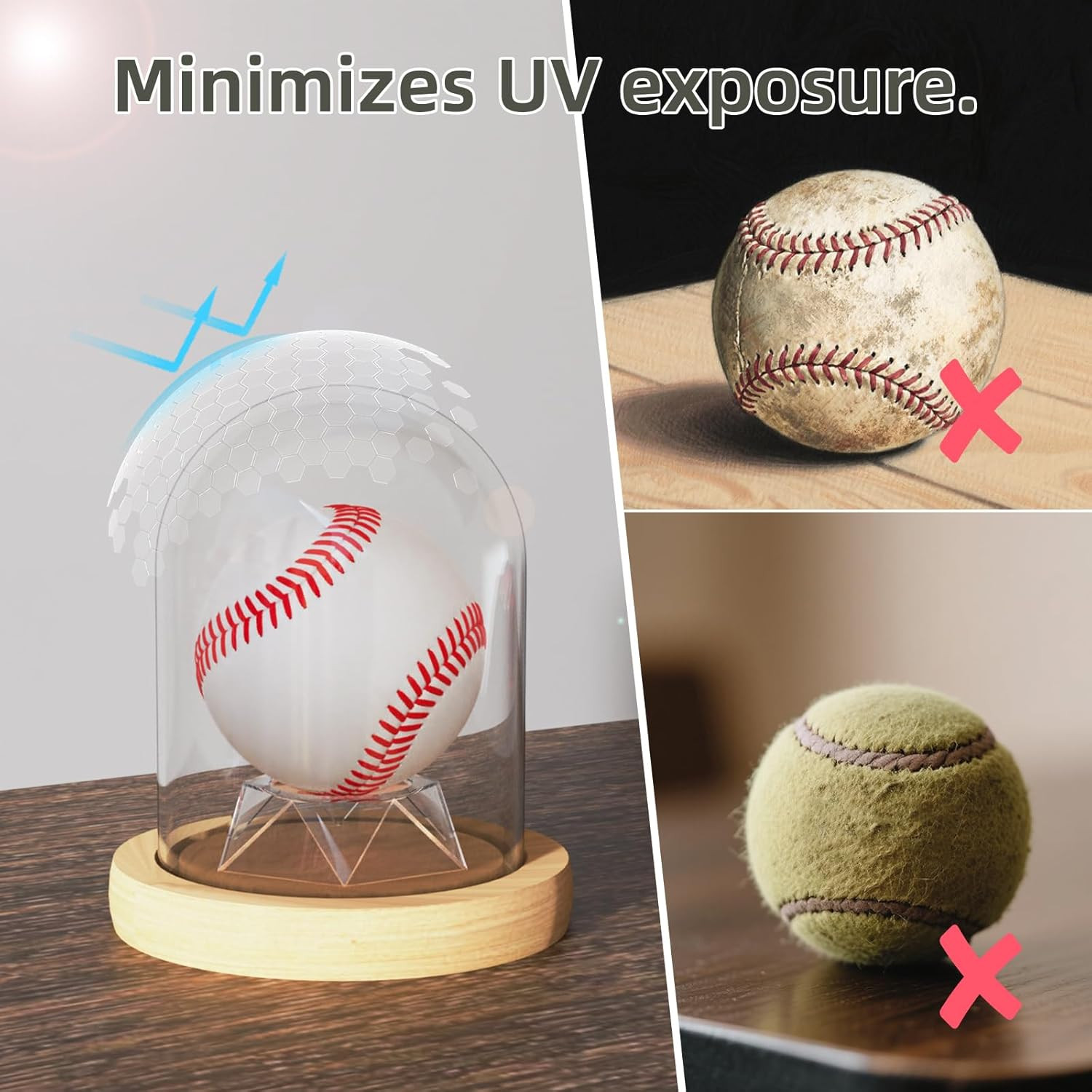 Baseball Display Case with LED Light Base, Glass Dome Cloche Baseball Holder for