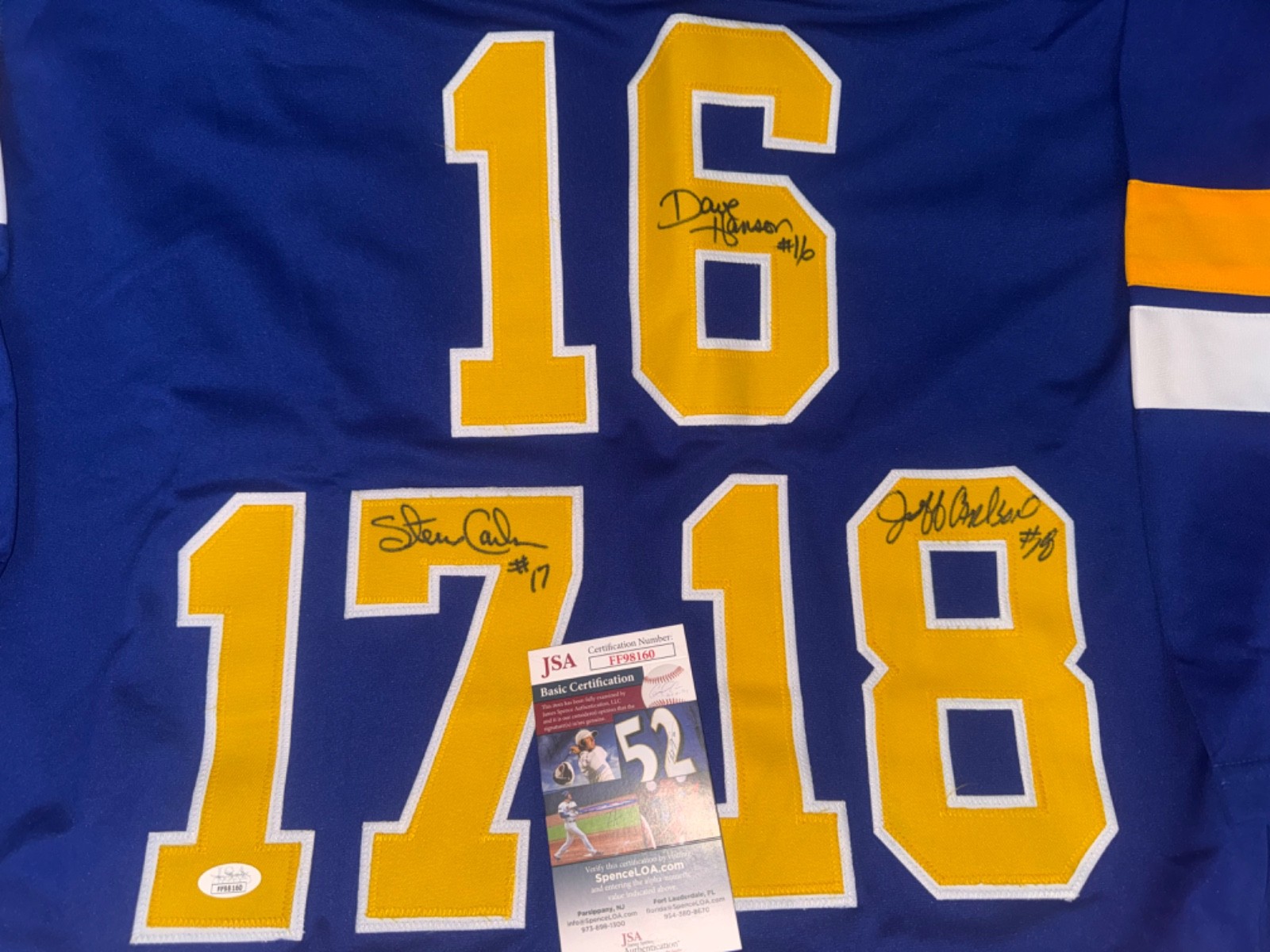 Signed Slap Shot Hanson Brothers Autographed by all 3 Original Chiefs Jersey JSA