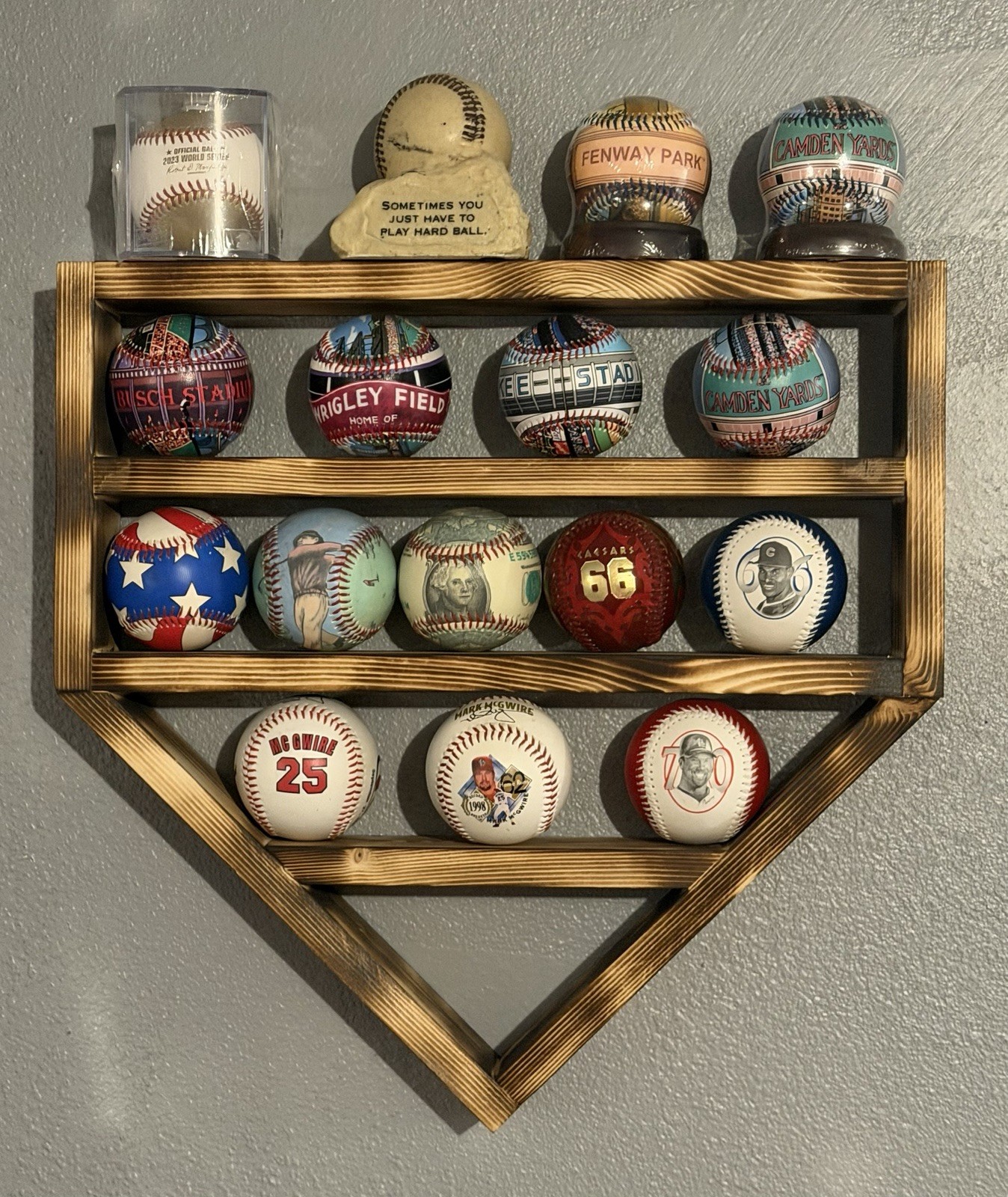 Baseball Display Shelf — Home Plate Shaped Wood Holder (Includes Baseballs)
