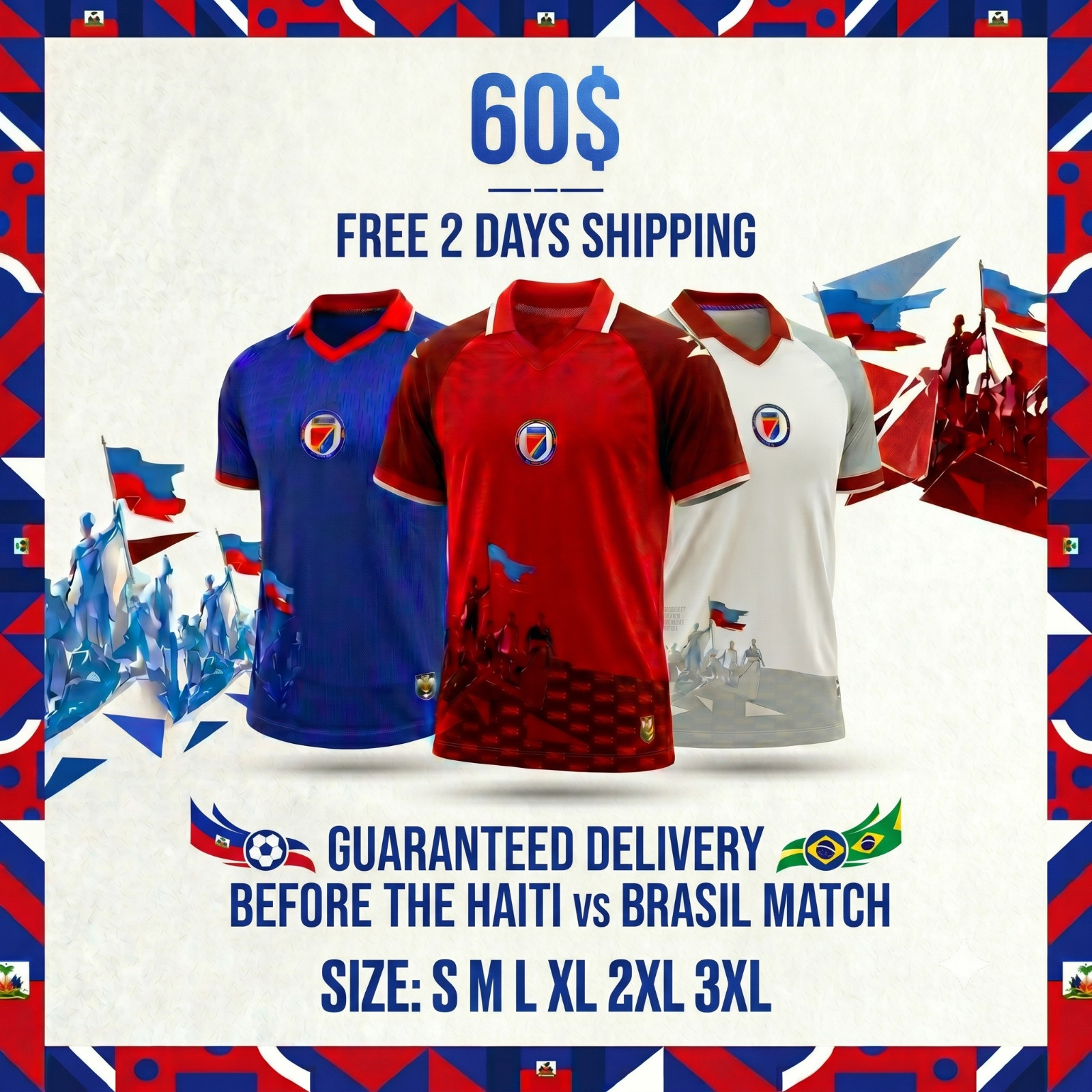 HAITI SOCCER JERSEY BLUE — RED — WHITE Size Small — 3XL (FREE SHIPPING)