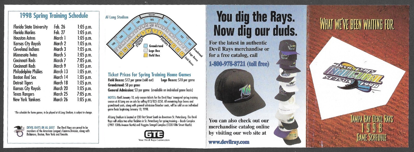 1998 DEVIL RAYS 1st Year Spring Training/Regular Season POCKET SCHEDULE EX-MT+